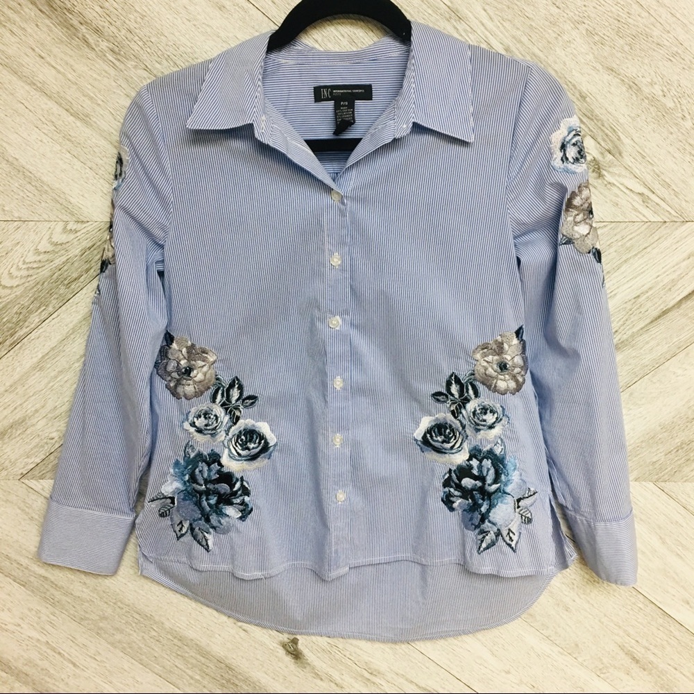 INC | Stripe Button Front Floral Embroidered Shirt - Picture 3 of 7